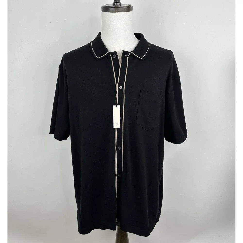NWT Banana Republic Luxury Touch Shirt XXL TALL Black Tan Cotton‎ Polo Collar